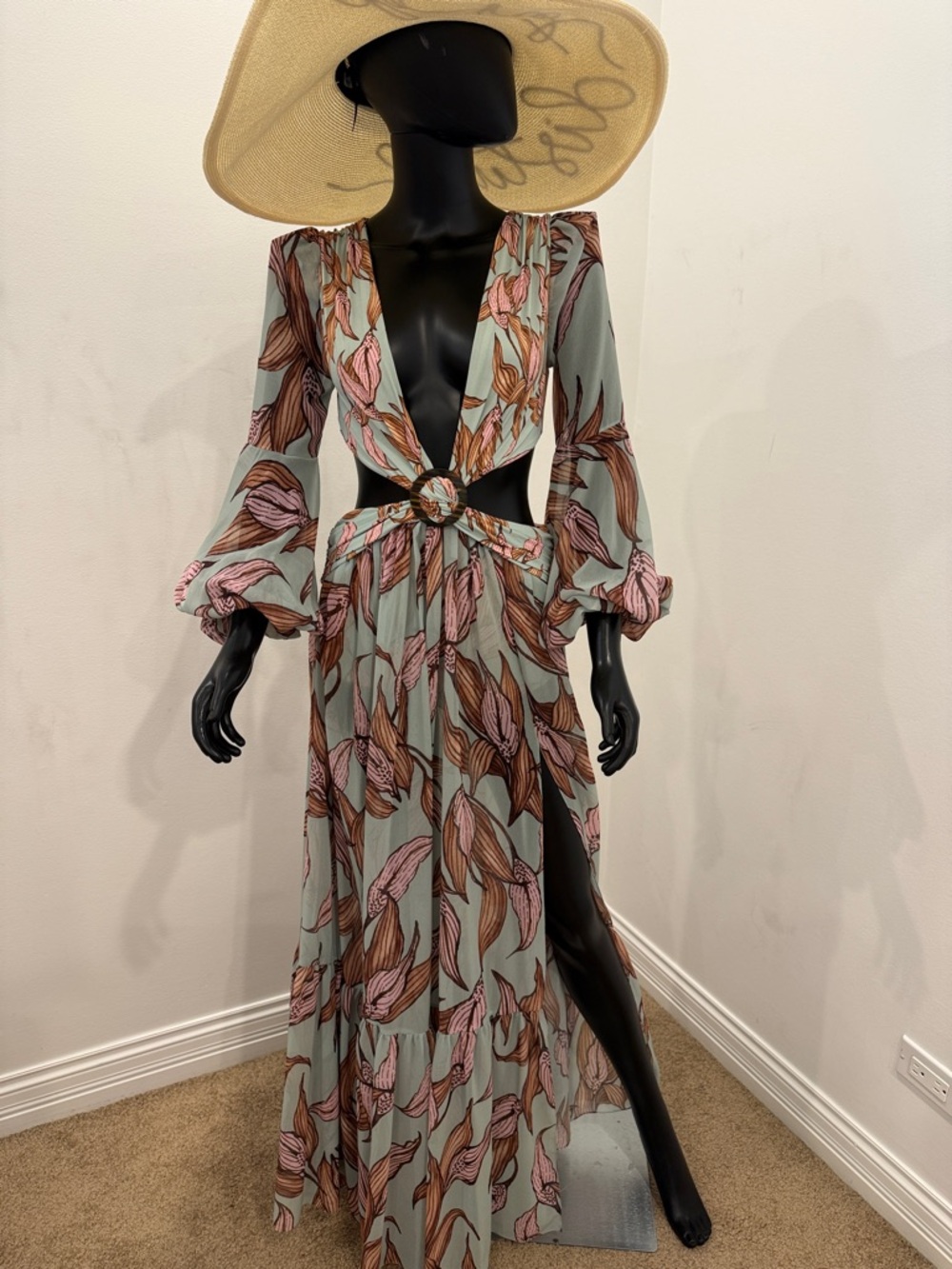 PatBO Floral Cutout Maxi Dress | Open Back Ring Detail Resort Dress | XS NEW